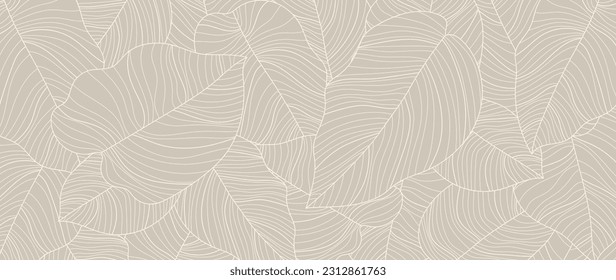 Abstract foliage line art vector background. Leaf wallpaper of tropical leaves, leaf branch, plants in hand drawn pattern. Botanical jungle illustrated for banner, prints, decoration, fabric.