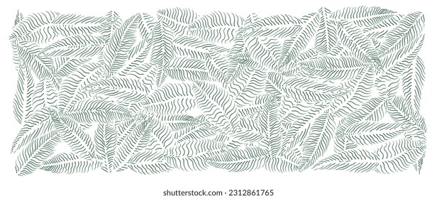 Abstract foliage line art vector background. Leaf wallpaper of fern leaves, leaf branch, plants in hand drawn pattern. Botanical jungle illustrated for banner, prints, decoration, fabric.