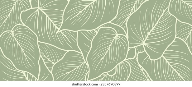 Abstract foliage line art vector background. Leaf wallpaper of tropical leaves, leaf branch, plants in hand drawn pattern. Botanical jungle illustrated for banner, prints, decoration, fabric.