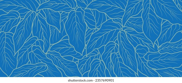 Abstract foliage line art vector background. Leaf wallpaper of tropical leaves, leaf branch, plants in hand drawn pattern. Botanical jungle illustrated for banner, prints, decoration, fabric.