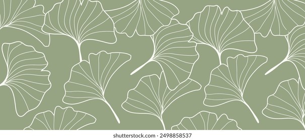 Abstrakte Blattlinie Kunst Vektorhintergrund. Blättertapete aus tropischen Blättern, Ginkgo-Blatt, Pflanzen in handgezeichnetem Muster auf Grün.