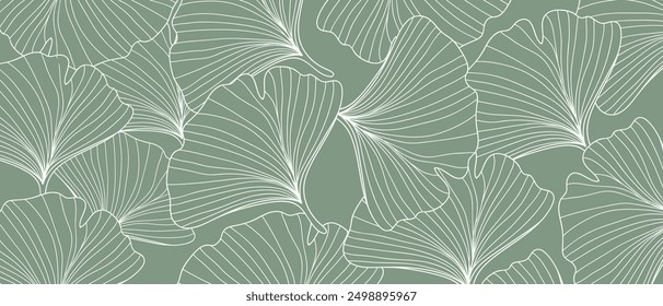 Abstrakte Blattlinie Kunst Vektorhintergrund. Blättertapete aus tropischen Blättern, Ginkgo-Blatt, Pflanzen in handgezeichnetem Muster auf Grün.