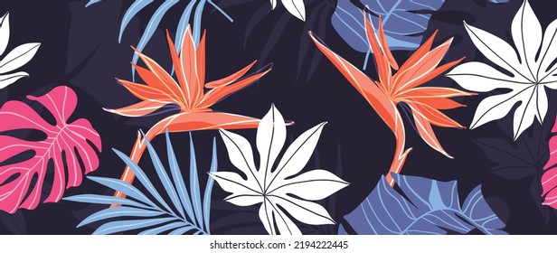 Follaje abstracto sobre el vector de fondo oscuro. Papel de pared tropical botánico con arte de hoja, hoja, flor, hojas. Diseño de patrones impecable para tapicería, estampado, cubierta, tela, arte mural y decoración casera.