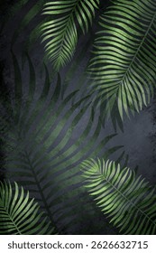 Abstract foliage, palm tree leaves background. Colorful tropical palm tree leaf wallpaper, hand drawn. Exotic plants, background for prints, wall, postcards, wall, pattern, textile
