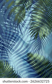 Abstract foliage, palm tree leaves background. Colorful tropical palm tree leaf wallpaper, hand drawn. Exotic plants, background for prints, wall, postcards, wall