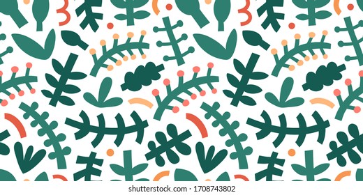 Abstract foliage pattern. Bold contemporary abstraction shapes and doodles, various leaves and branches, trendy modern art. Green fashion print ornament, seamless vector texture for textile