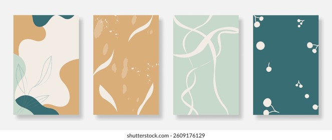Abstract foliage poster background set. Simple organic shapes cover template design. Vector illustration