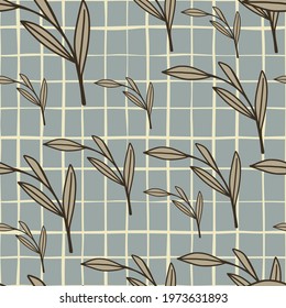 Abstract foliage seamless pattern with outline brown branch shapes. Blue chequered background. Perfect for fabric design, textile print, wrapping, cover. Vector illustration.
