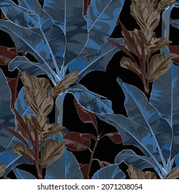 Abstract foliage seamless pattern, various plant and tree in brown blue colors on black background.