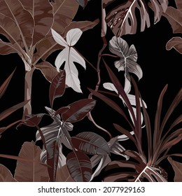 Abstract foliage seamless pattern, various plant and tree, plants and leaves in brown colors on black background.