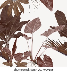 Abstract foliage seamless pattern, various plant and tree, plants and leaves in brown colors on beige background.
