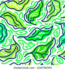Abstract foliage. Vector green seamless pattern. Organic fresh leaves. Sketch hand drawn background. Bio vegan food. Nature wallpaper, retro wallpaper, exotic fashion print
