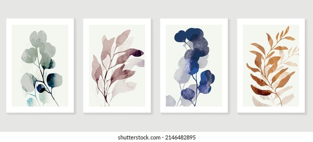 Abstract foliage wall art template. Set of botanical hand drawn wall decoration with branches, leaves, eucalyptus leaf. Watercolor texture design for wallpaper, banner, prints, interior, poster.