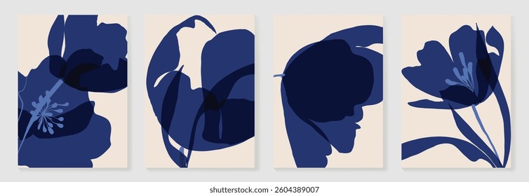 Abstract foliage wall art template vector. Set of botanical hand drawn wall decoration with flower, leaves in indigo. Illustration design for wallpaper, banner, prints, interior, poster.