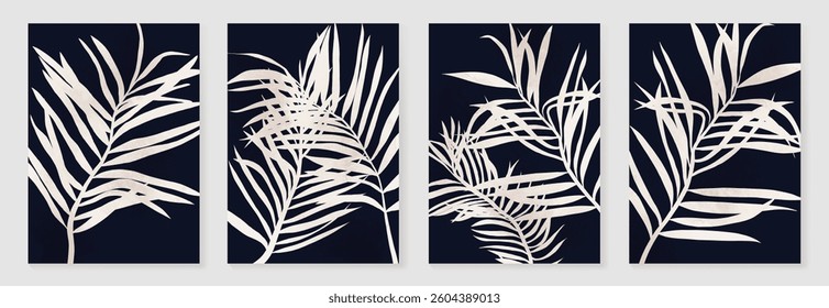 Abstract foliage wall art template vector. Set of botanical hand drawn wall decoration with branches, leaves, palm leaf. Watercolor texture design for wallpaper, banner, prints, interior, poster.