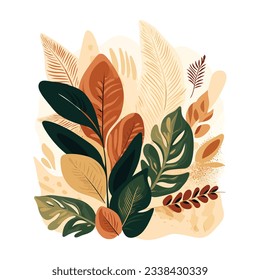fondo vectorial de arte de la pared folicular abstracto. Hojas, formas orgánicas, colores de tono de tierra, hoja tropical con estilo dibujado a mano. Diseño de la colección de paredes para interiores, afiches, cubiertas y banner