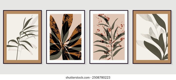 Vector de arte de pared de follaje Abstractas. Colección de hojas dibujadas a mano con textura de acuarela verde, rama de la hoja, línea de arte. conjunto de póster botánico para decoración de paredes, interior, Fondo de pantalla, Anuncio.