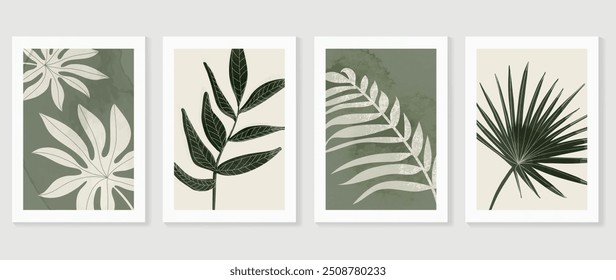 Abstrakte Laub Wand Kunst Vektor. Sammlung von handgezeichneten Blättern mit grüner Aquarelltextur, Blattzweig, Linienkunst. Botanisches Posterset für Wanddekoration, Interieur, Tapete, Banner.