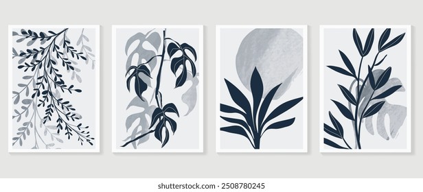 Abstrakte Laub Wand Kunst Vektor. Sammlung von handgezeichneten Blättern mit marineblauer Aquarelltextur, Blattzweig, Linienkunst. Botanisches Plakatset für Wanddekoration, Interieur, Tapete, Banner.