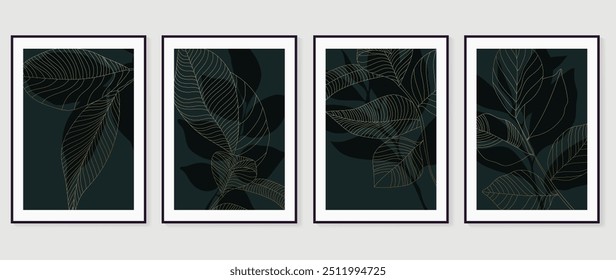 Vector de arte de pared de follaje Abstractas. Colección de hojas dibujadas a mano con color azul marino, rama de la hoja, línea de arte. conjunto de póster botánico para decoración de paredes, interior, Fondo de pantalla, Anuncio.