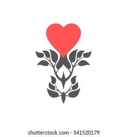 Abstract foliate element with red heart. Love ornament. Pattern.