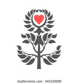Abstract foliate element with red heart. Love ornament. Pattern.