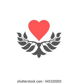 Abstract foliate element with red heart. Love ornament. Pattern.