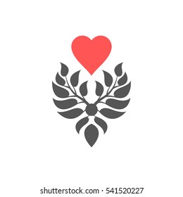 Abstract foliate element with red heart. Love ornament. Pattern.