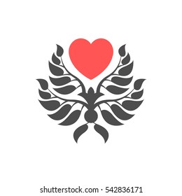 Abstract foliate element with red heart. Love ornament. Pattern.