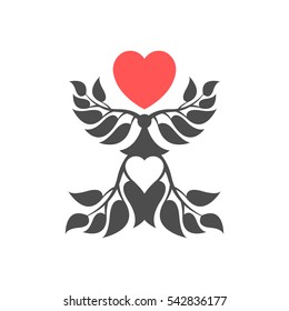 Abstract foliate element with red heart. Love ornament. Pattern.