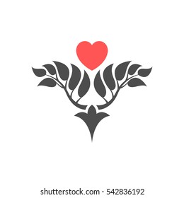 Abstract foliate element with red heart. Love ornament. Pattern.