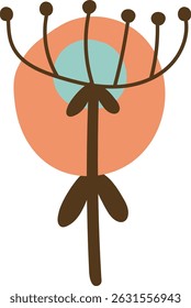 Abstract folk art bloom with rounded petals and a circular background.  A charming floral motif uses simple lines and shapes to create a botanical pattern. Cartoon vector illustration