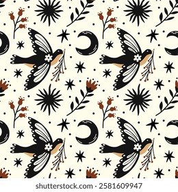 Abstract folk art seamless pattern with vector illustration of various woodland leaf branches, flowers, bird, sun and moon in retro cartoon ethnic scandinavian boho style, aesthetic. 