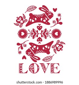 Abstract folk composition with animals, birds and flowers
