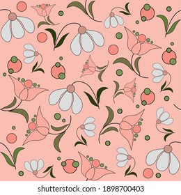 Abstract folk flowers on a pink background. Seamless Vector Illustration