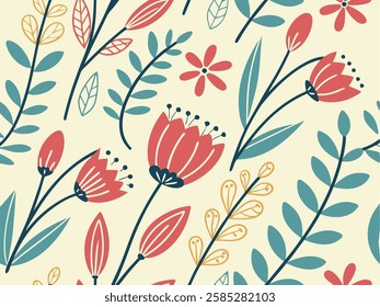 Abstract Folk Flowers Seamless Pattern. Abstract Folk Floral Seamless Pattern, Decorative Botanical Ethnic Design