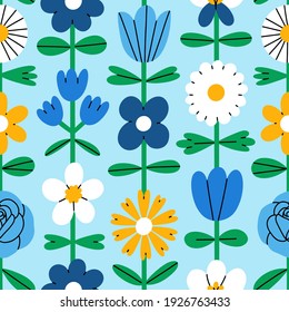 Abstract folk flowers, simple cartoon colorful shapes, vector seamless pattern