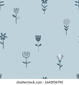 Abstract folk flowers small scaled vector seamless pattern. Doodle scribble, line and dot textured blooming plants background. Decorative Scandinavian floral Blue palette backdrop.