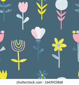 Abstract folk flowers vector seamless pattern. Doodle scribble, line and dot textured blooming plants background. Decorative Scandinavian floral multicolor backdrop.