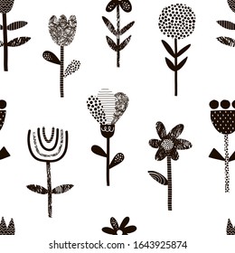 Abstract folk flowers vector seamless pattern. Doodle scribble, line and dot textured blooming plants background. Decorative Scandinavian floral black white backdrop.