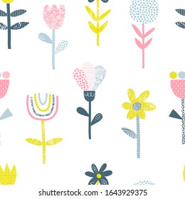 Abstract folk flowers vector seamless pattern. Doodle scribble, line and dot textured blooming plants background. Decorative Scandinavian floral multicolor backdrop.