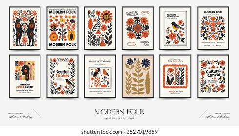 Abstract folk nordic art posters template. Modern trendy minimal style. Hand drawn design for wallpaper, wall decor, print, postcard, cover, template, banner. 