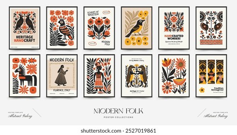 Abstract folk nordic art posters template. Modern trendy minimal style. Hand drawn design for wallpaper, wall decor, print, postcard, cover, template, banner. 