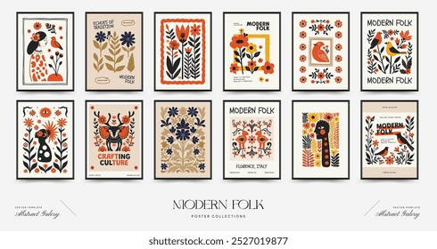 Abstract folk nordic art posters template. Modern trendy minimal style. Hand drawn design for wallpaper, wall decor, print, postcard, cover, template, banner. 