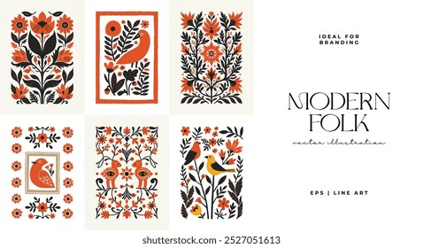 Abstract folk nordic art posters template. Modern trendy minimal style. Hand drawn design for wallpaper, wall decor, print, postcard, cover, template, banner. 