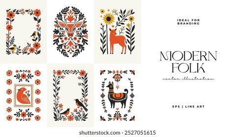 Abstract folk nordic art posters template. Modern trendy minimal style. Hand drawn design for wallpaper, wall decor, print, postcard, cover, template, banner. 