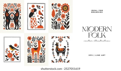 Abstract folk nordic art posters template. Modern trendy minimal style. Hand drawn design for wallpaper, wall decor, print, postcard, cover, template, banner. 