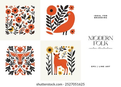 Abstract folk nordic art posters template. Modern trendy minimal style. Hand drawn design for wallpaper, wall decor, print, postcard, cover, template, banner. 