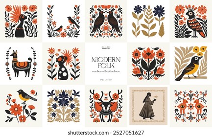 Abstract folk nordic art posters template. Modern trendy minimal style. Hand drawn design for wallpaper, wall decor, print, postcard, cover, template, banner. 