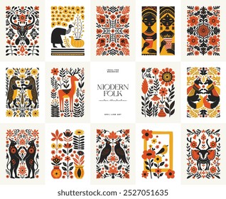 Abstract folk nordic art posters template. Modern trendy minimal style. Hand drawn design for wallpaper, wall decor, print, postcard, cover, template, banner. 